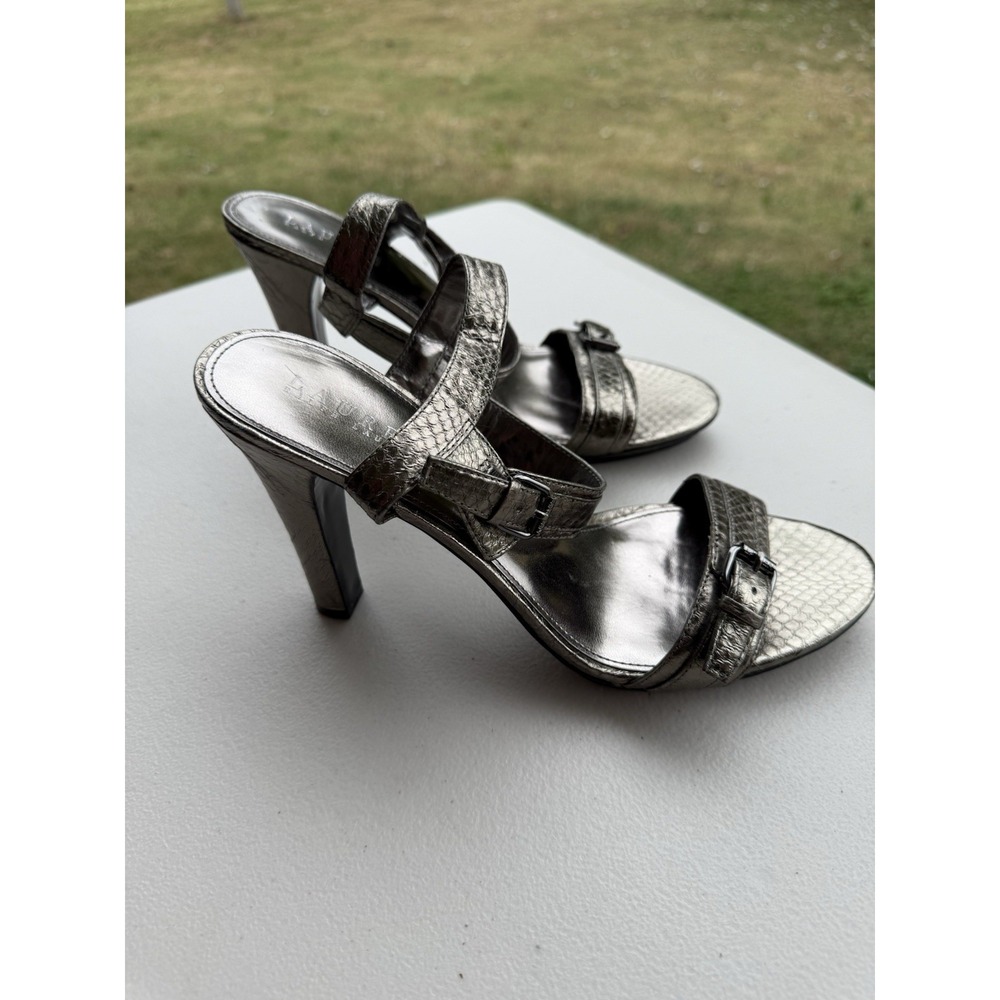 Ralph Lauren Heels Sandals 10 Silver Leather Shoes Snake Skin Pattern.‎ #1-35